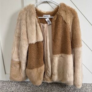 Faux Fur Patchwork Jacket - Brown and Cream